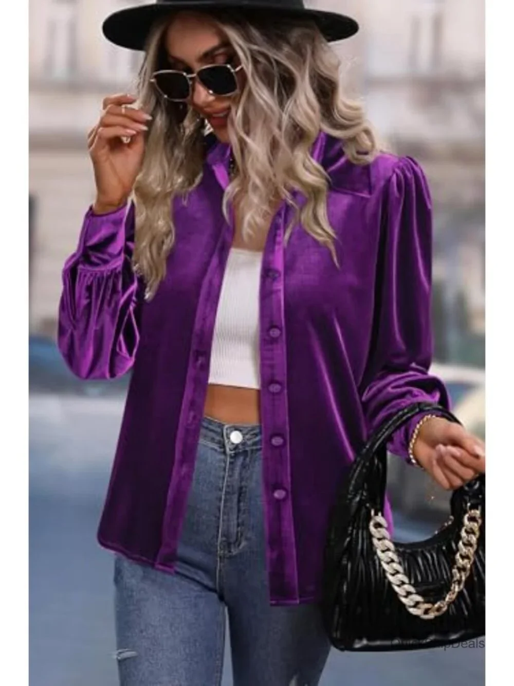 Luxe Velvet Long Sleeve Button Down Blouse with Puff Sleeves